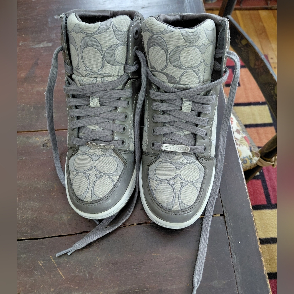 Coach Norra olive gray logo print high top sneakers Womens 5.5 - Picture 3 of 9